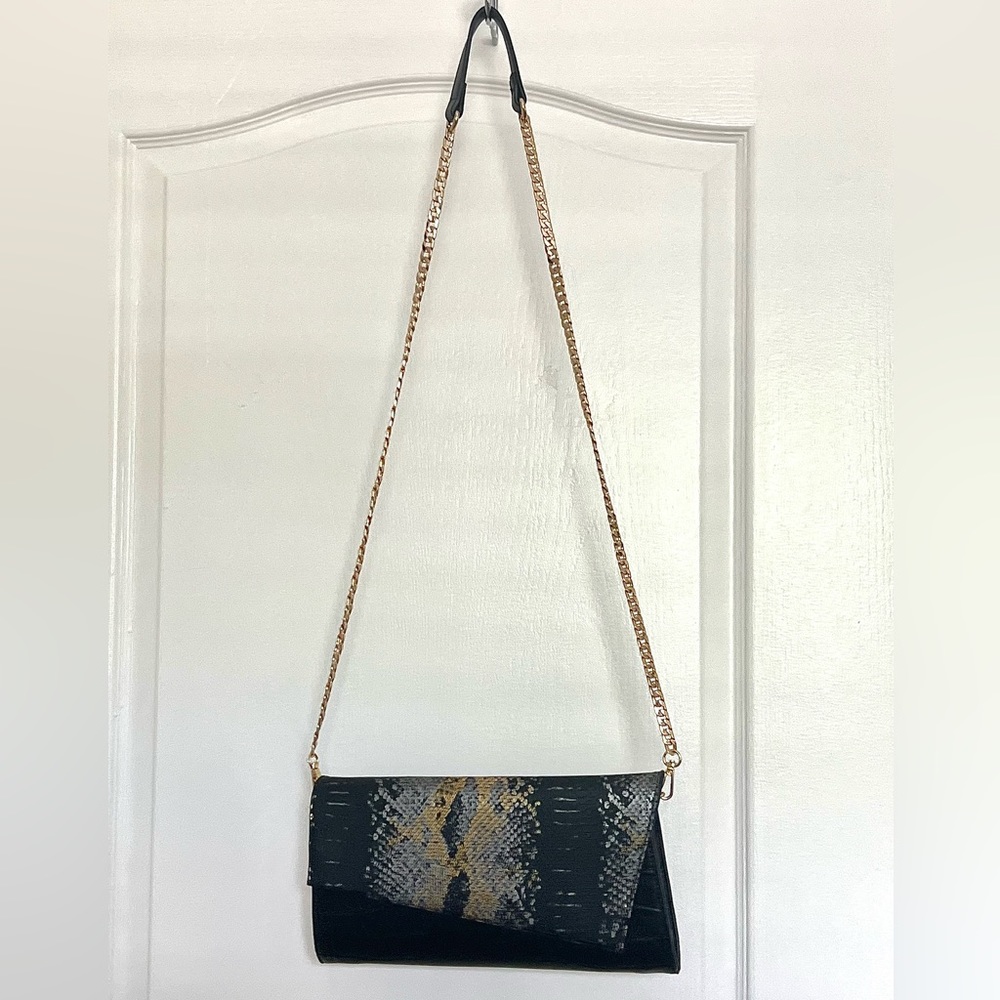 Asymmetrical Black Snakeskin Clutch